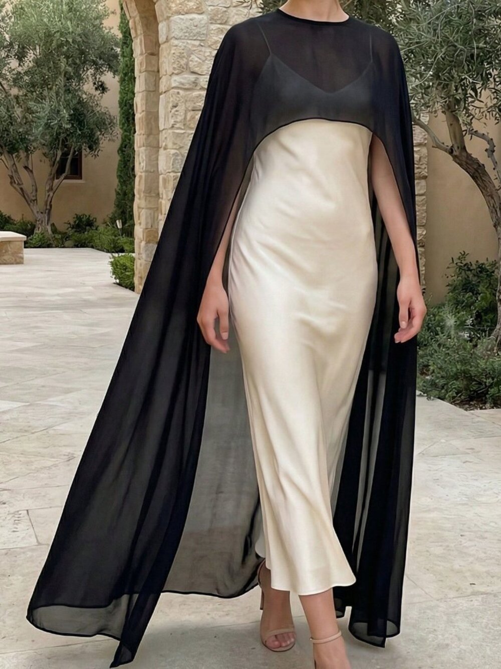 Black Elegant Women's High Low Sheer Cape - Picture 3 of 4